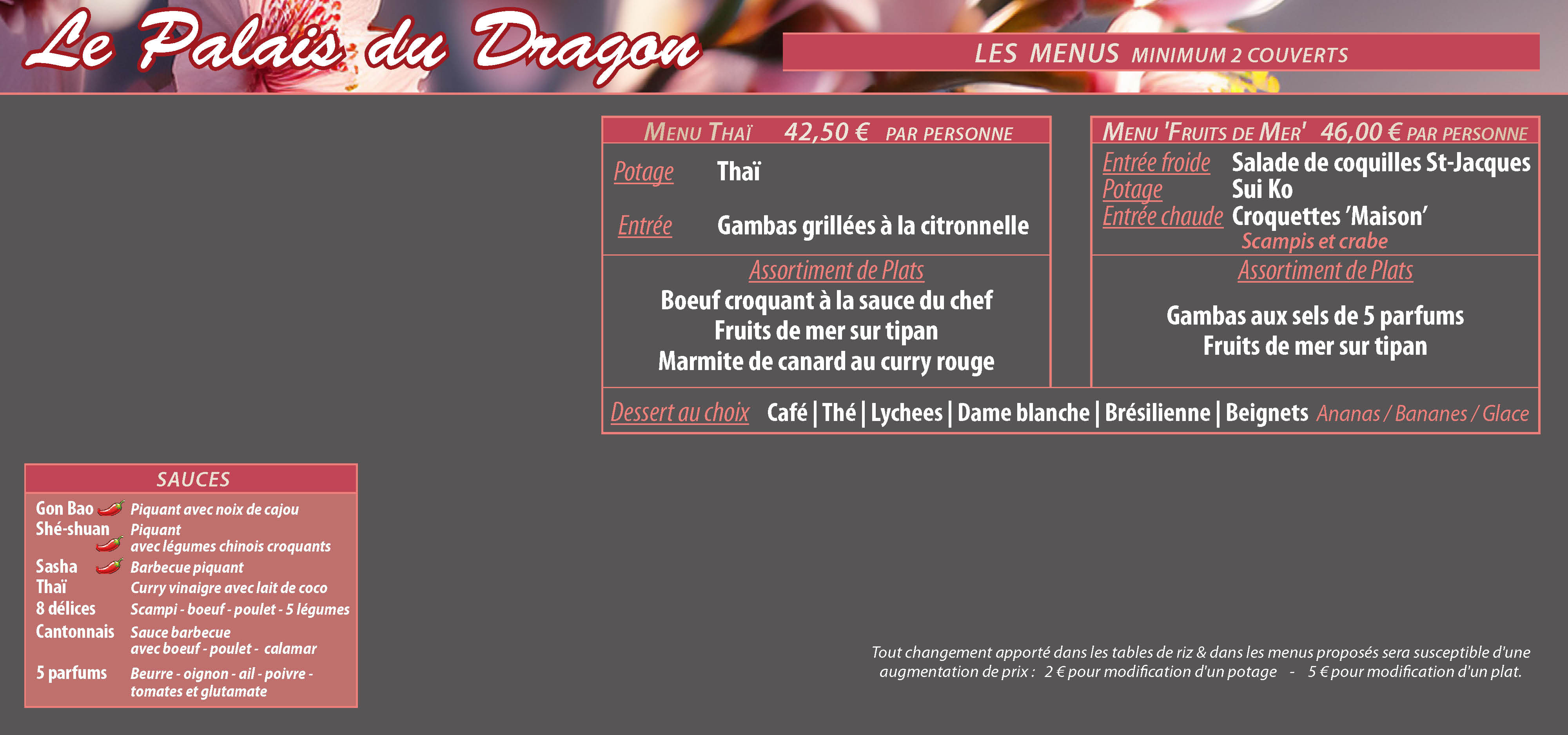 Les Menus - 2 personnes minimum